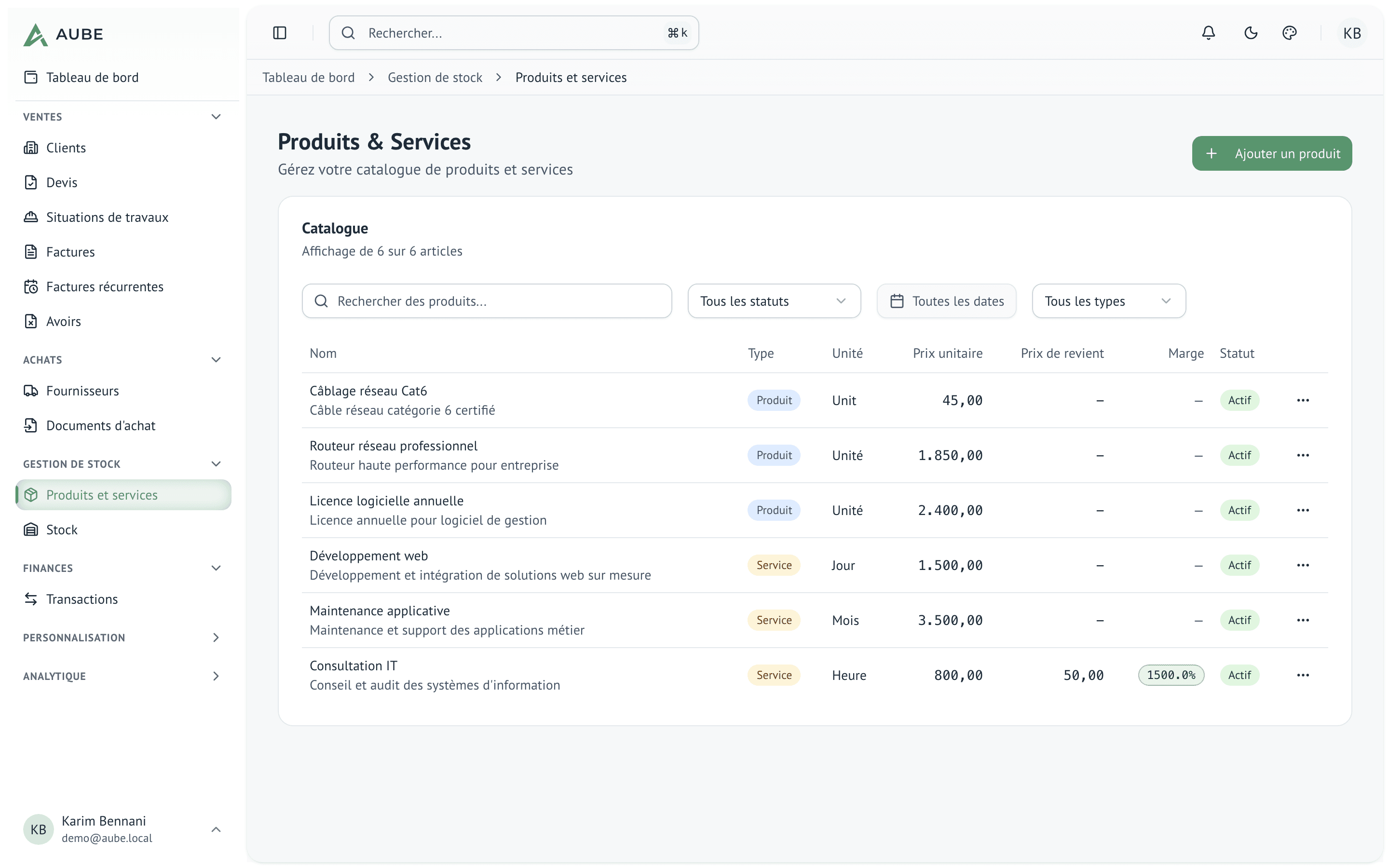 Catalogue de produits et services avec prix, TVA et catégories