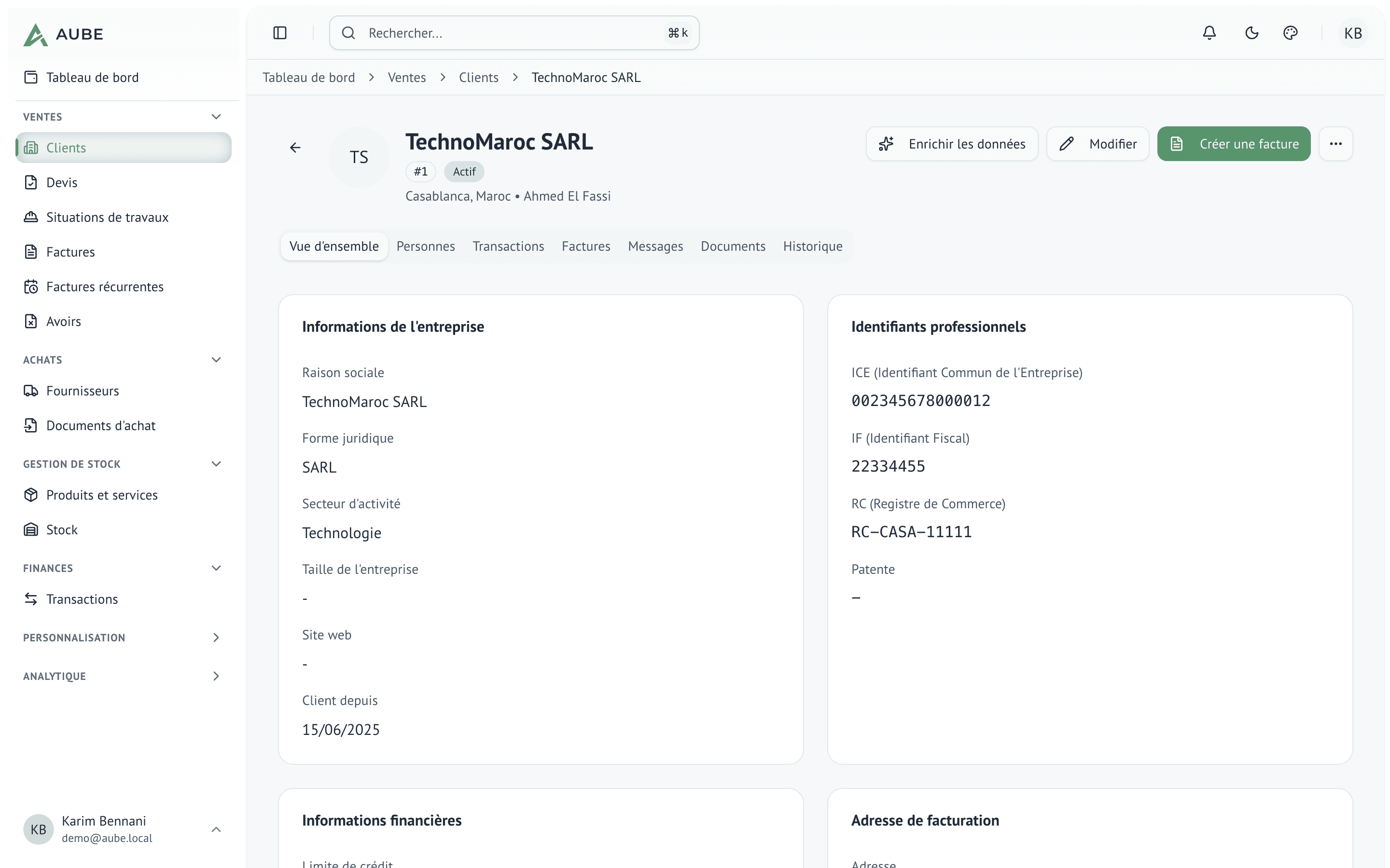 Fiche client multi-onglets dans Aube : aperçu, contacts, factures, transactions