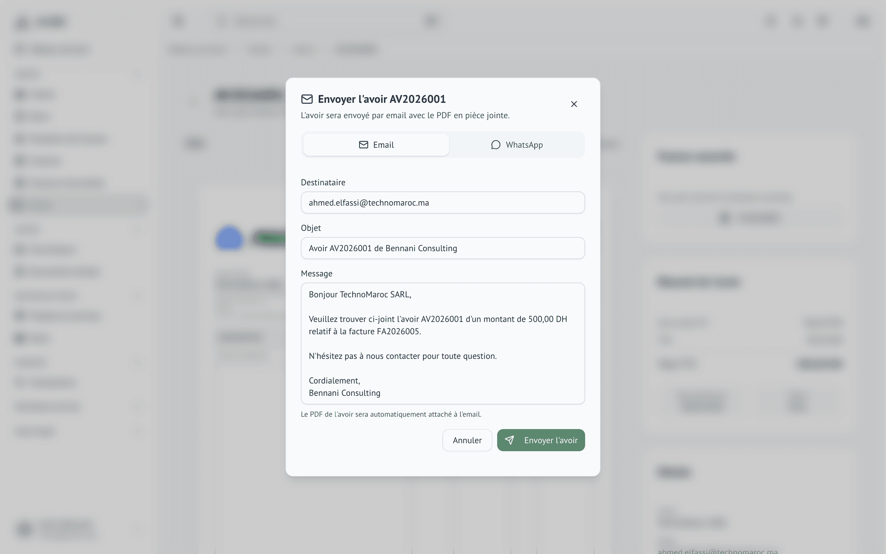 Dialog d'envoi d'avoir par email ou WhatsApp