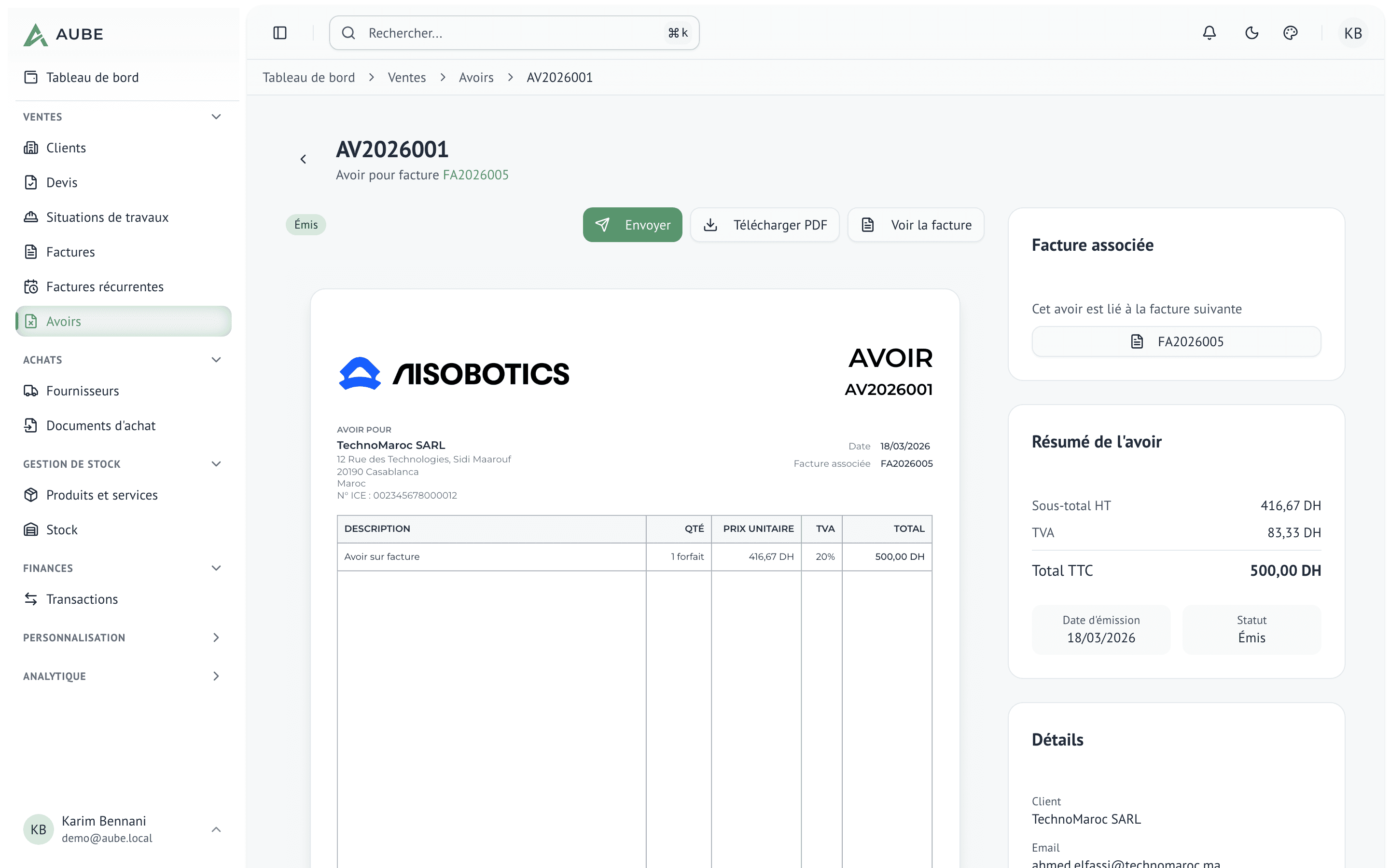 Fiche d'avoir avec la facture d'origine accessible en un clic depuis le sidebar