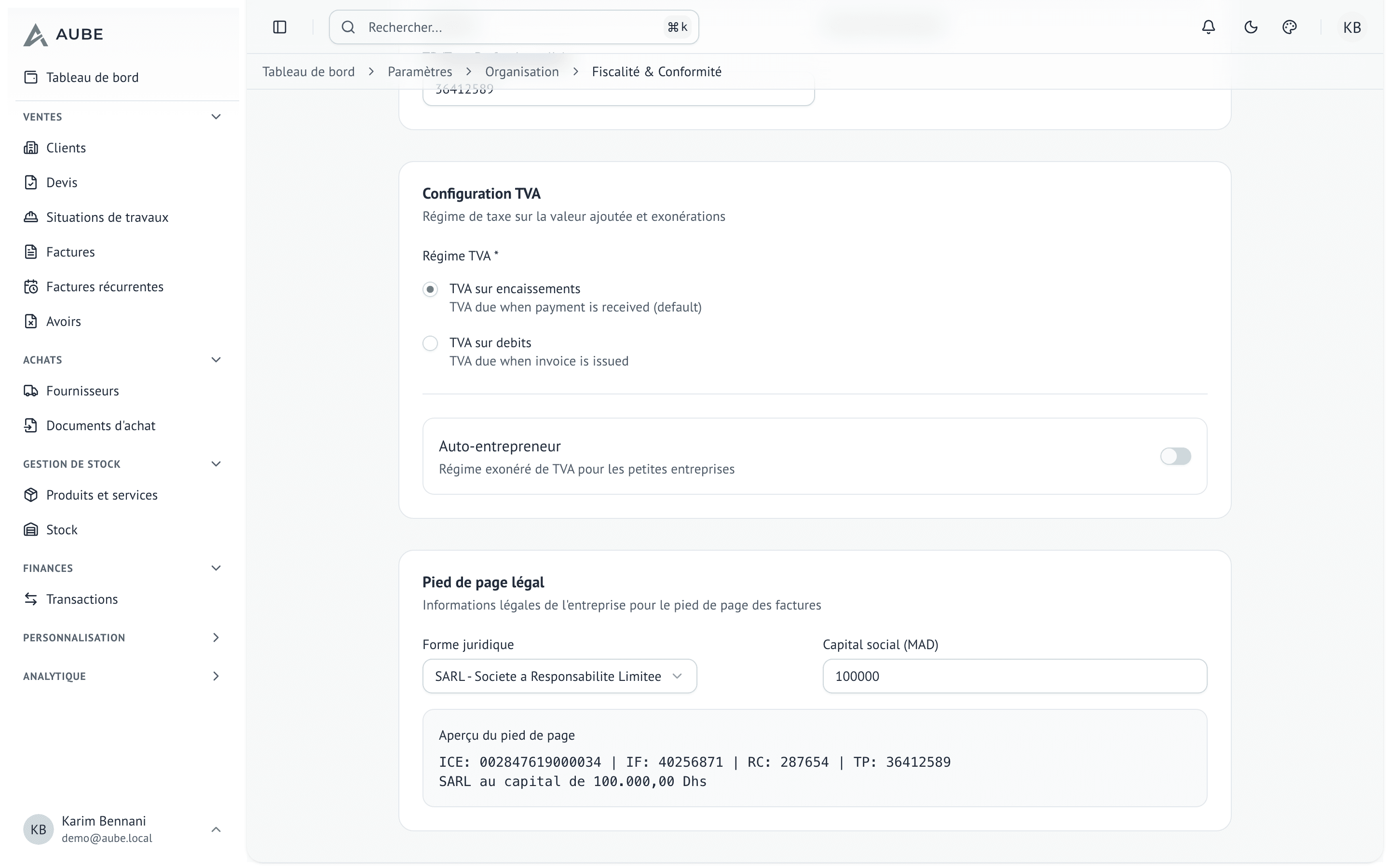 Profil d'organisation avec sélection du régime TVA et statut juridique