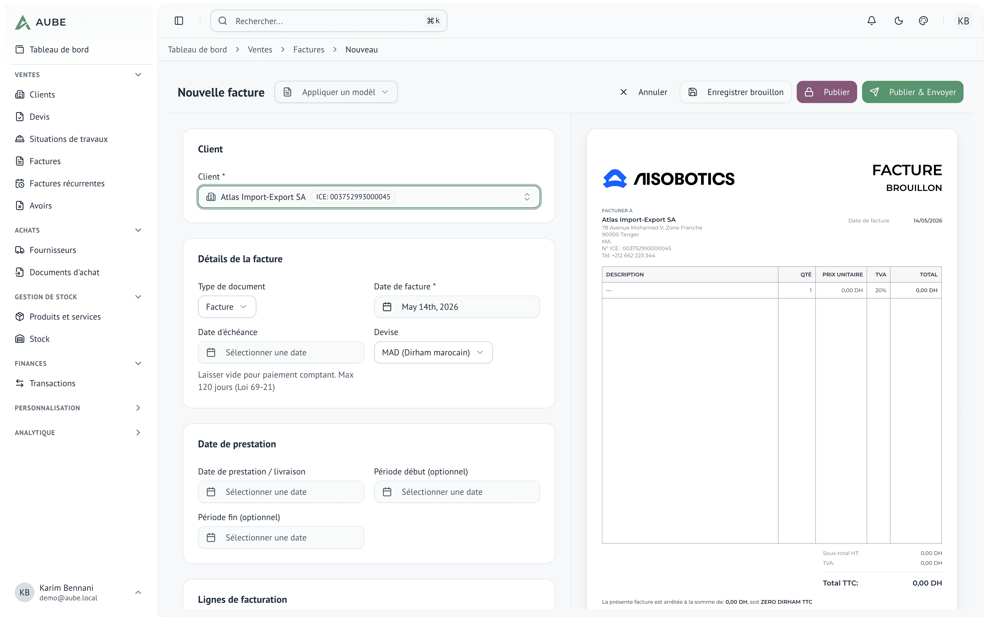 Sélection du client Atlas Import-Export SA dans le formulaire de facture