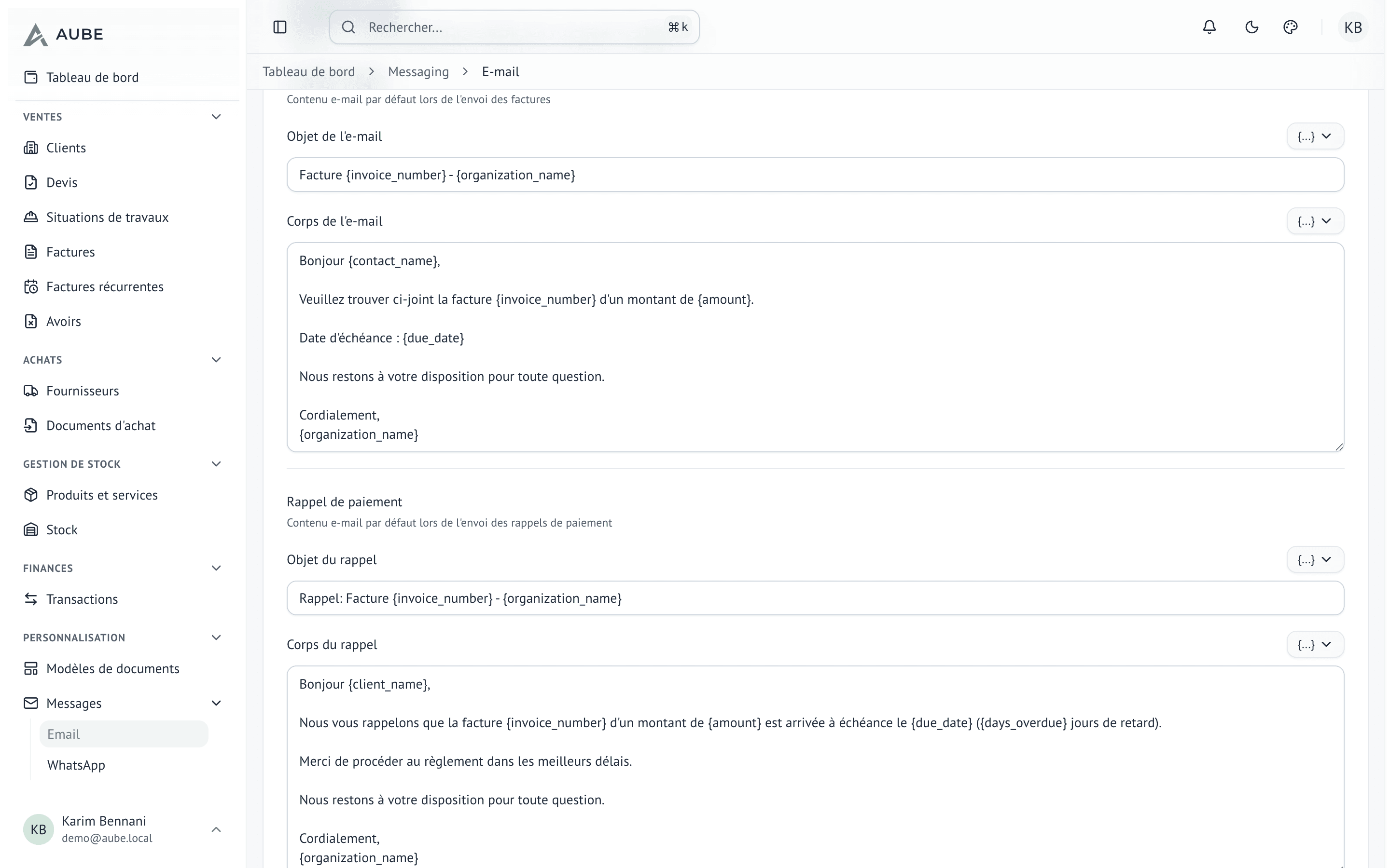 Composition du modèle email avec variables {{numero}} et {{montant}}
