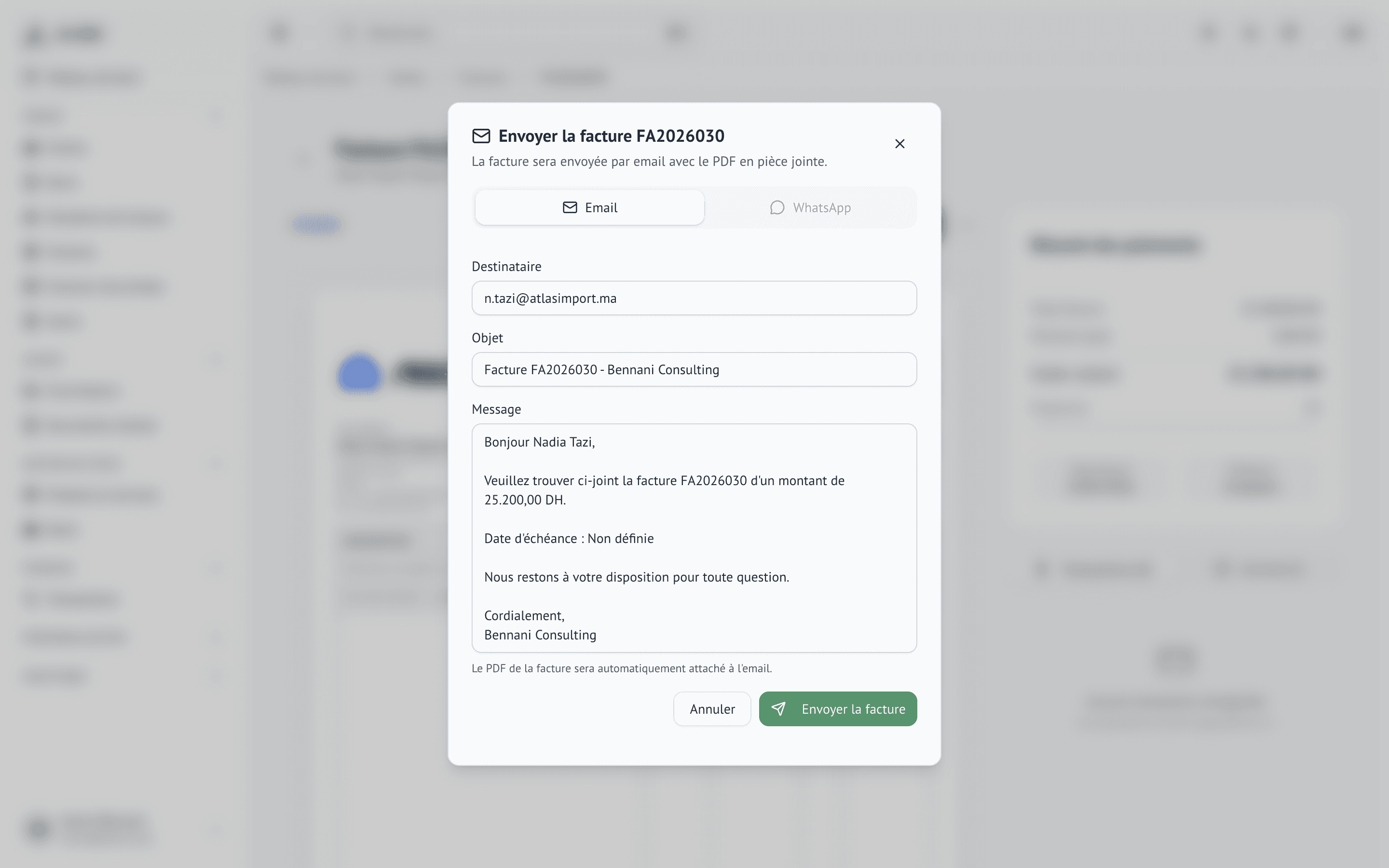 Envoi d'une facture par email avec modèle appliqué et PDF en pièce jointe