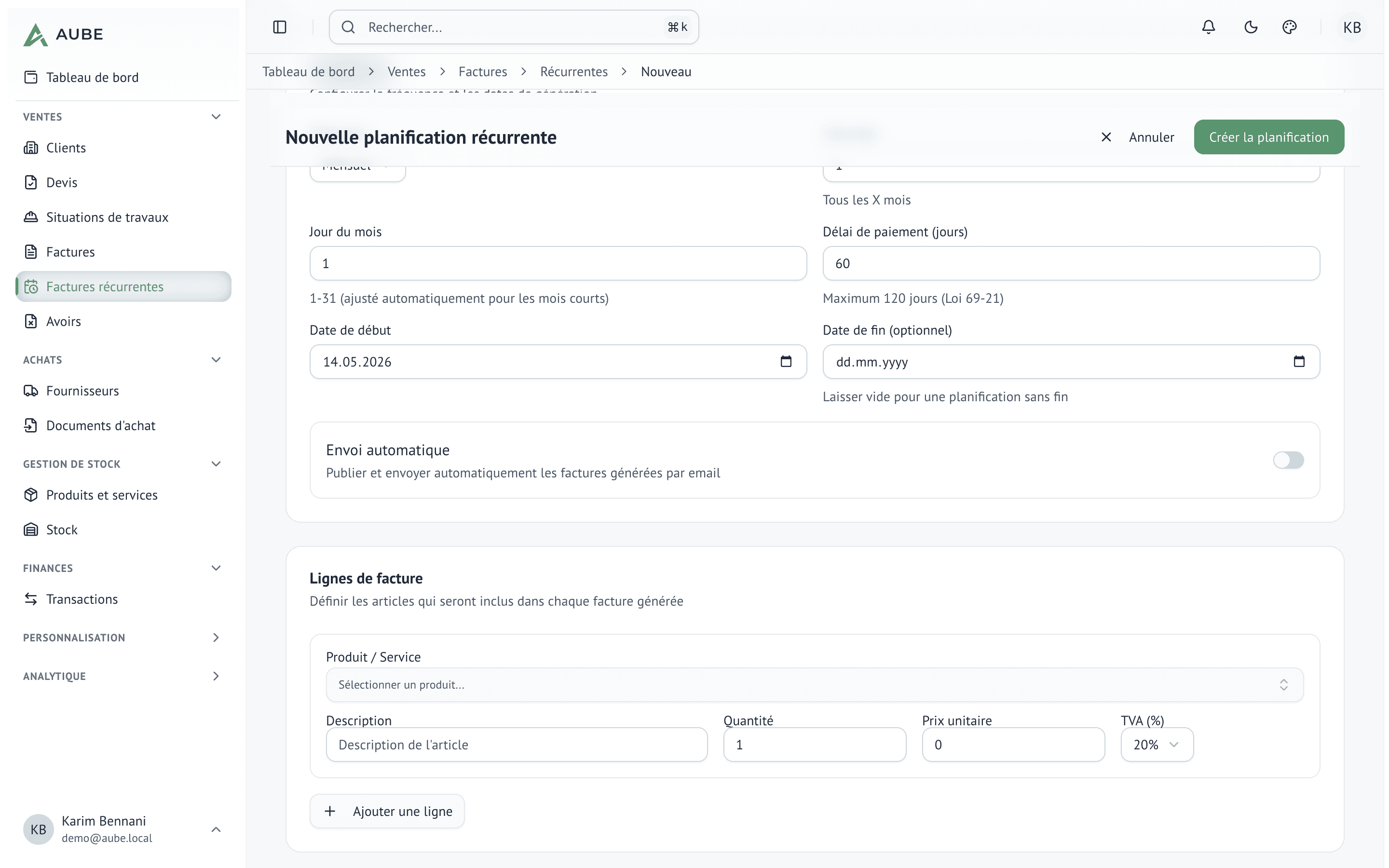 Configuration d'une planification avec fréquence, jour et durée